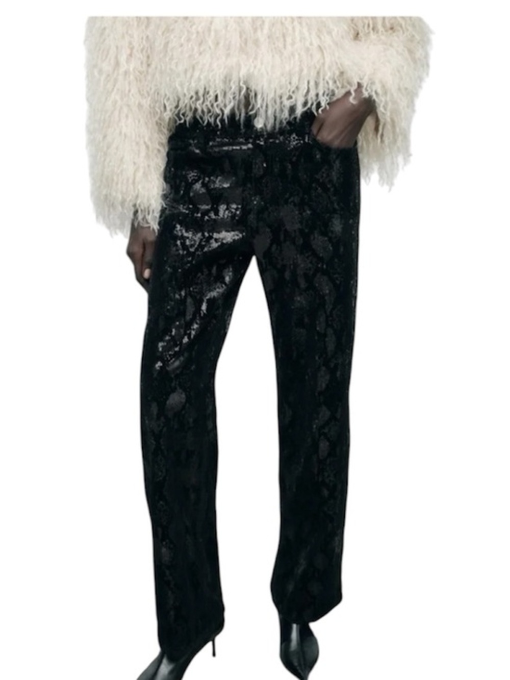 Zara Black Sequin Snake-Pattern Straight Leg Pants